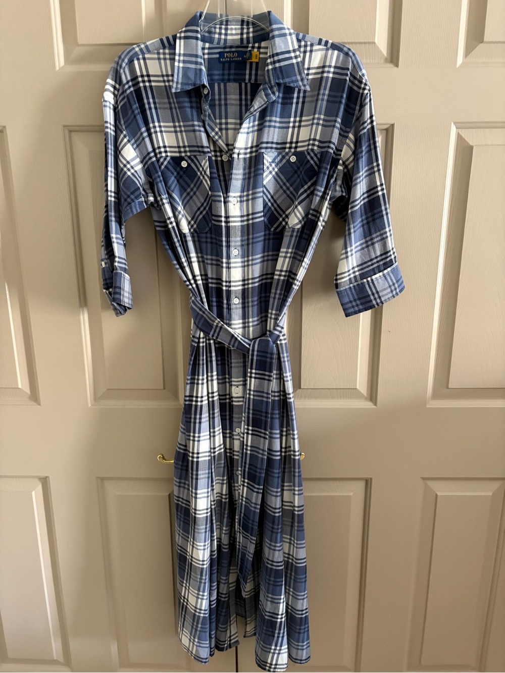 Ralph Lauren Blue and White Plaid Midi Shirt Dress